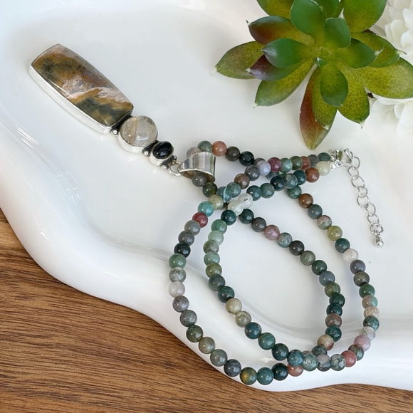 Onyx Golden Rutile Quartz Ocean Jasper Pendant Necklace Jewelry Set Lot New 925 - Picture 5 of 8